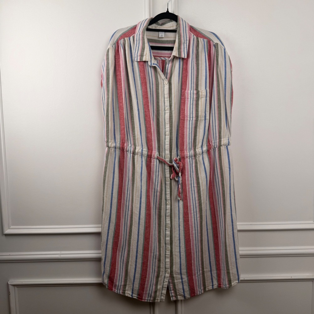 Old Navy Striped Shirt Dress Womens 1X Plus Red Blue Linen Blend Button Down